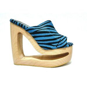 Jeffrey Campbell BLAZER-F Blue Zebra Leather Pony Hair Wooden Wedge Platform